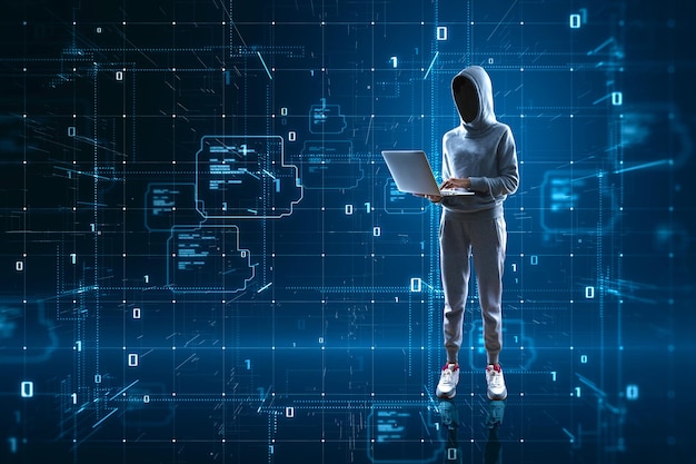 Hacker using laptop with glowing tech metaverse grid on blurry background Connection technology hacking and laser mesh concept