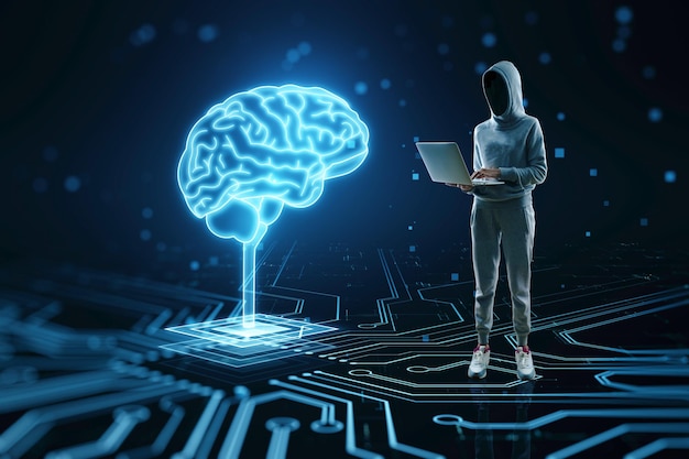 Hacker using laptop with hologram Futuristic design of artificial Intelligence brain with circuit board Learning process and problem solving concept Abstract digital technology background