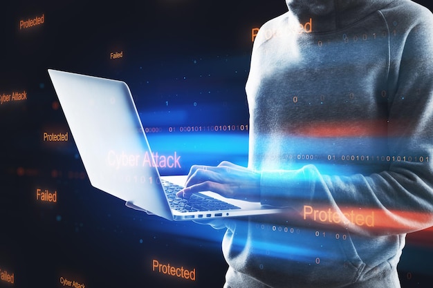 hacker using notebook with abstract binary code on blurry background cyber attack and hacking concept double exposure