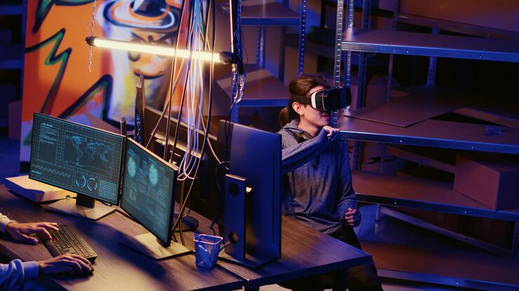 Photo hacker using virtual reality headset to code malware designed to exploit network backdoors bypassing security measures such as logins and password protections using futuristic vr goggles tech