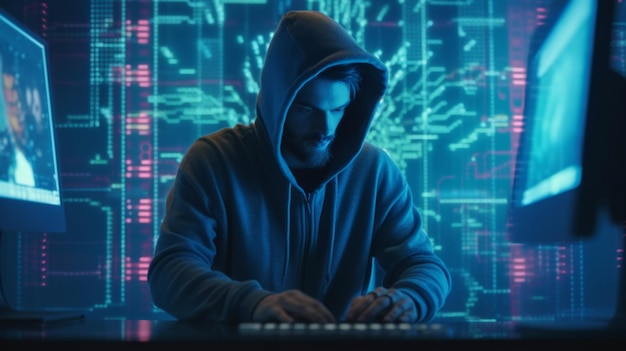 Hacker voor zijn computer die digitale Generative Ai pleegt