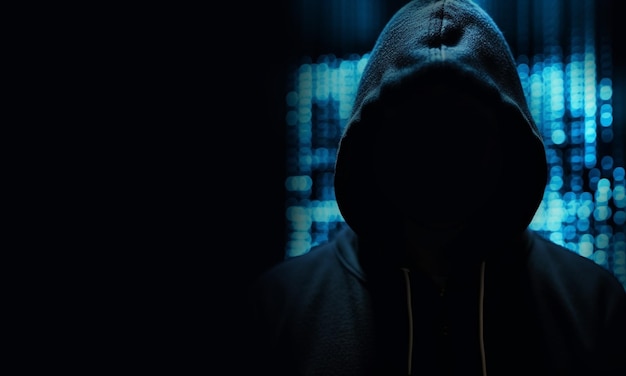 Photo hacker wearing black hoodie with blue neon lights on background broke the security in the systemthe dangers of digital thievesunknown person with copy space