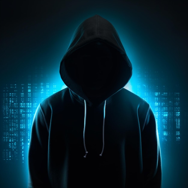背景に青いネオンの付いた黒いパーカーを着たハッカーは、システムのセキュリティを破ったデジタル泥棒の危険性コピースペースを持つ未知の人物