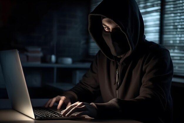 Hacker wearing a hoodie is typing on a laptop generative ai