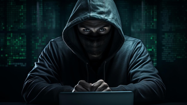 A hacker wearing a mask and hoodie is sitting in front of a laptop in a dark room