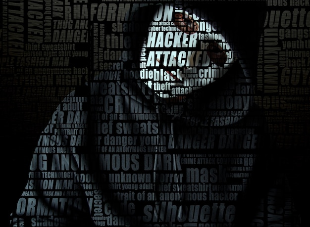 Hacker wearing white mask with many characters internet fraud darknet and cyber security concept