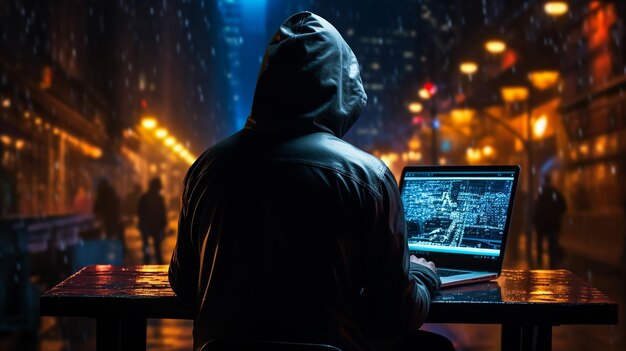 Hacker werkt met laptop in donkere kamer achteruitzicht Generatieve AI