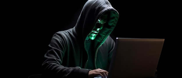 Hacker werkt op een computer in een masker Generatieve AI