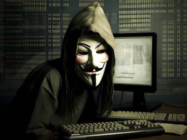 Hacker with anonymous mask Concept of cybersecurity cybercrime cyberattack