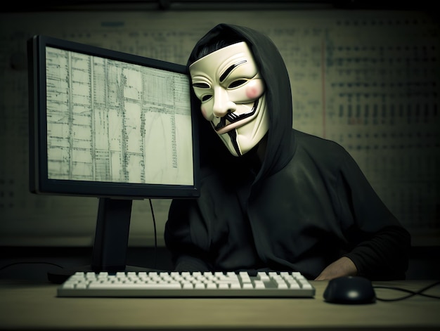 Foto hacker con maschera anonima concetto di sicurezza informatica attacco informatico criminalità informatica