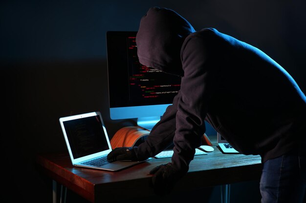 Hacker with computers in dark room Cyber crime