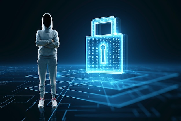 Hacker with folded arms and glowing padlock hologram on dark\
blue background secure safety and technology concept