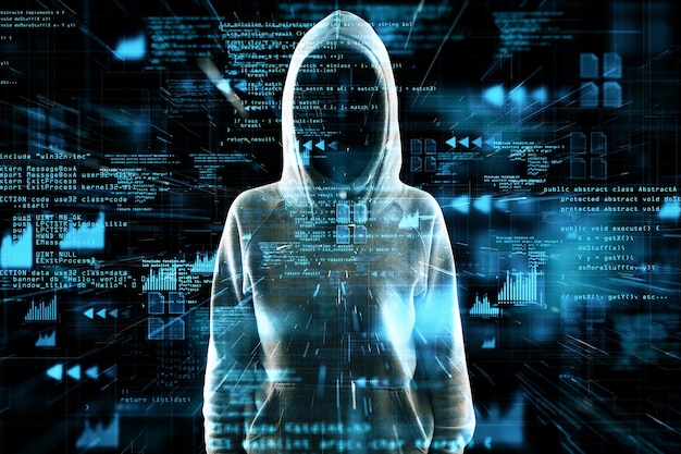 Hacker with glowing hacking hologram on blurry dark background Crypto security and criminal concept Double exposure