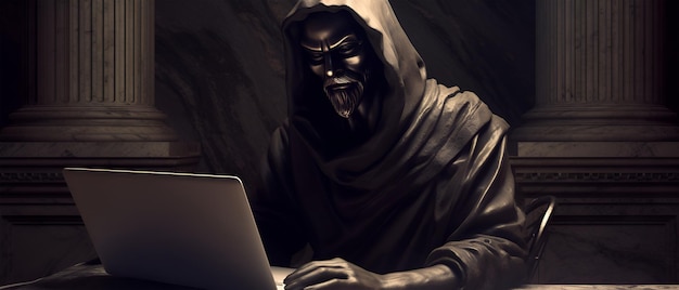 Foto un hacker con un laptop seduto