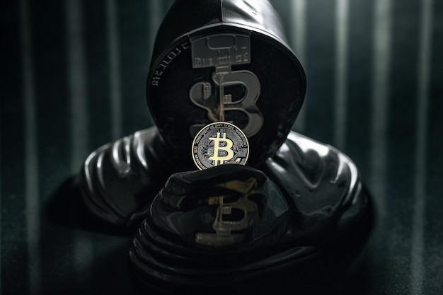 Photo hacker with mask and bitcoin on dark background cryptocurrency concept