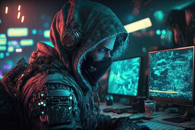 a hacker working on computer internet security network programming generative ai