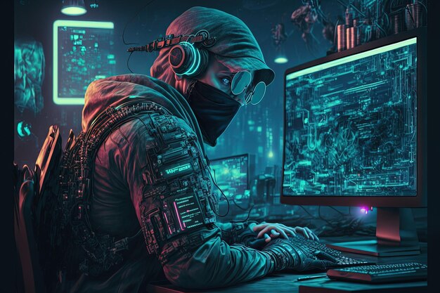 a hacker working on computer internet security network programming generative ai