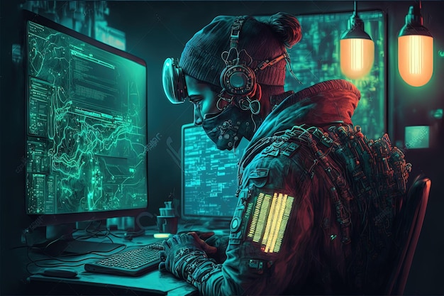 a hacker working on computer internet security network programming generative ai