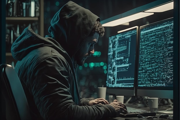 a hacker working on computer internet security network programming generative ai
