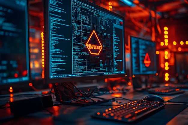 hacker working on computer with red skull icon on screen cyber attack data breach malware coding computer security threat hacking cybersecurity risk dark web cybercrime