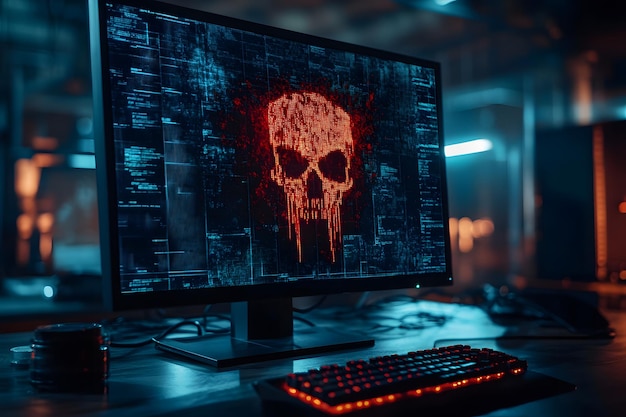 hacker working on computer with red skull icon on screen cyber attack data breach malware coding computer security threat hacking cybersecurity risk dark web cybercrime