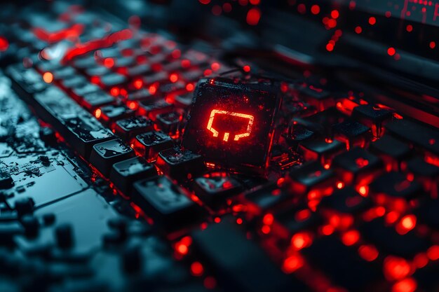 hacker working on computer with red skull icon on screen cyber attack data breach malware coding computer security threat hacking cybersecurity risk dark web cybercrime