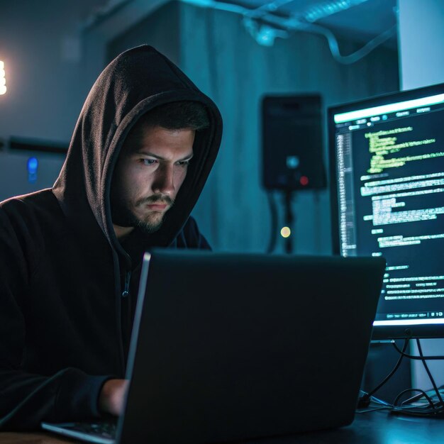 一名黑客正在用笔记本电脑和双显示器设置生成人工智能进行密集的编码工作