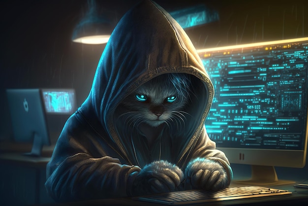 Hacker works in dark room hooded cat uses computer illustration generative AI