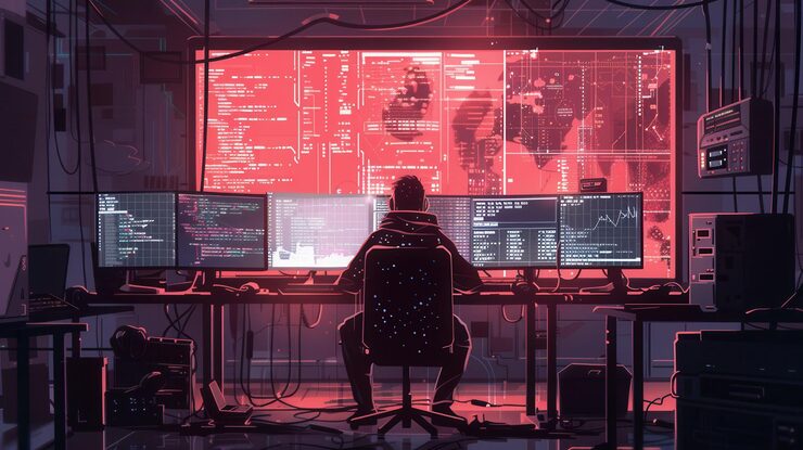 Photo a hacker works diligently at a desk using multiple screens to navigate complex data and execute coding tasks in a dimly lit workspace generative ai