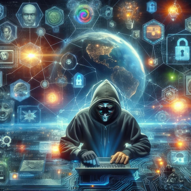 Photo the hacker works in virtual space conceptual image