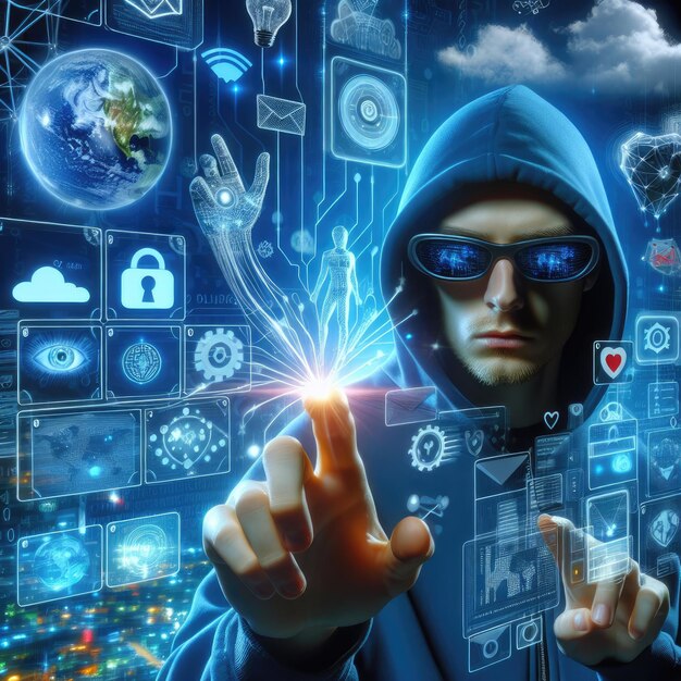 Photo the hacker works in virtual space conceptual image