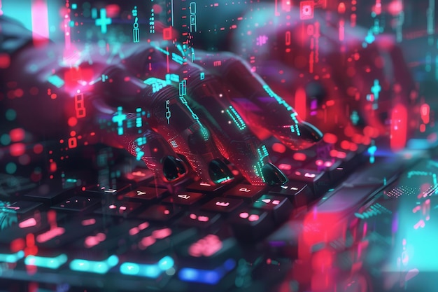 A39 ハッカーの手はデジタルシンボルとコードのダイナミックな配列に囲まれたキーボードで迅速にタイピングし強烈なハイテクの囲気を作り出します - - ゲネレーティブAI