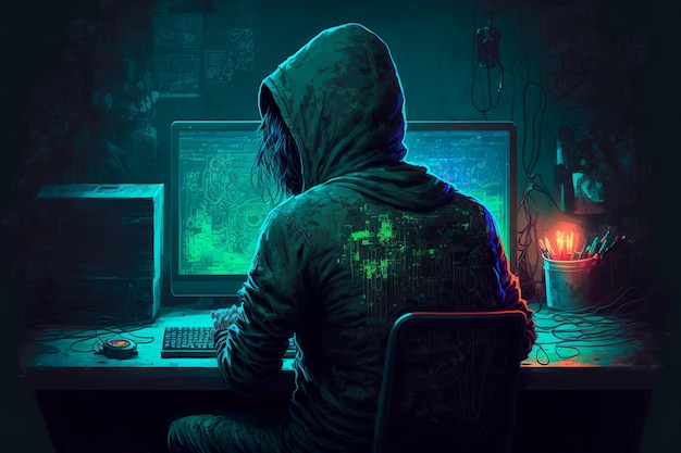 Hackerconcept Hacker zit achter de computer met hackcodes die erop reflecteren