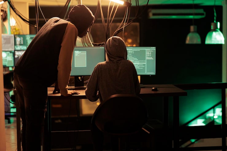 Photo hackers coding malicious software cracking database password online server illegal access data breach cybercrime internet thieves hacking computer network system at night time