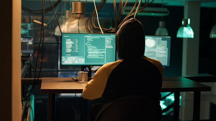 Photo hackers using network vulnerability to exploit security server, trying to break computer system at night. people working with multiple monitors to hack software, illegal hacktivism.