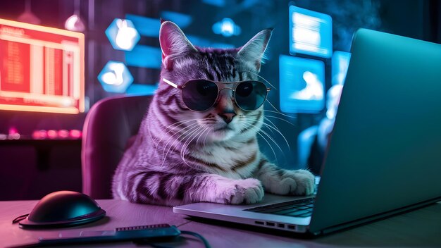HackerThemed Setting Kat met zonnebril Typen op laptop Concept Leuke dieren Zonnebril Hacker Theme Laptop Grappige poses