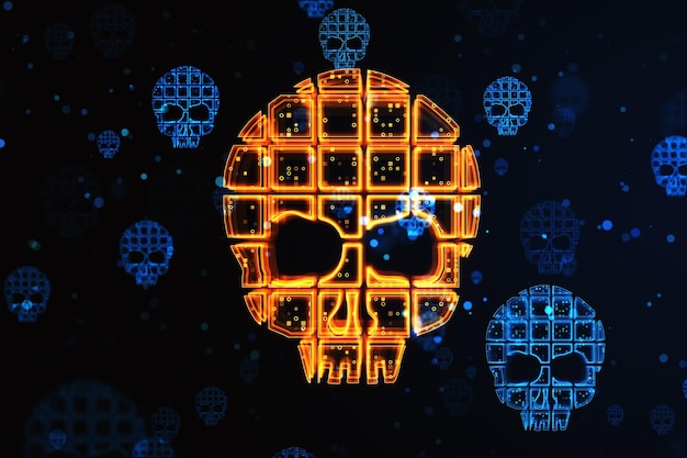 Hacking-aanval en cyberbeveiligingsconcept met gloeiende digitale menselijke schedel op abstracte donkere technologische achtergrond 3D-rendering