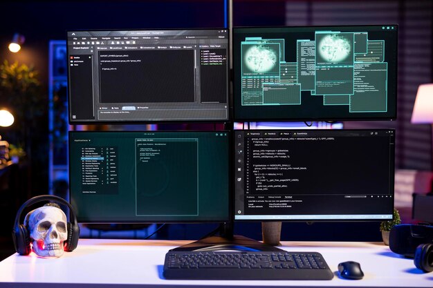 hacking code scripts running on computer system monitors attacking firewalls programming language