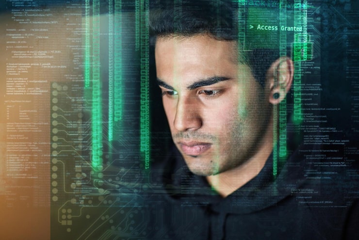 Photo hacking coding and digital overlay of man with night software password access or data programming cybersecurity html code and system or server hacker programmer or focus person with web database