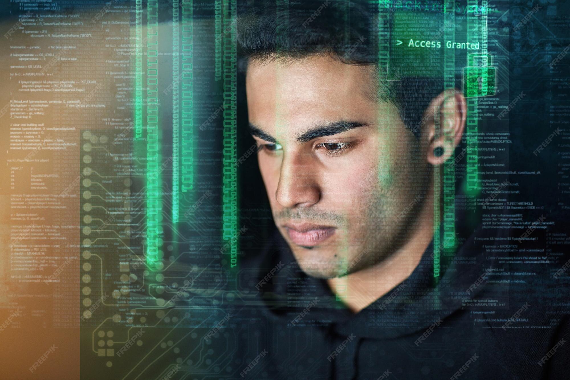 Premium Photo | Hacking coding and digital overlay of man with night ...