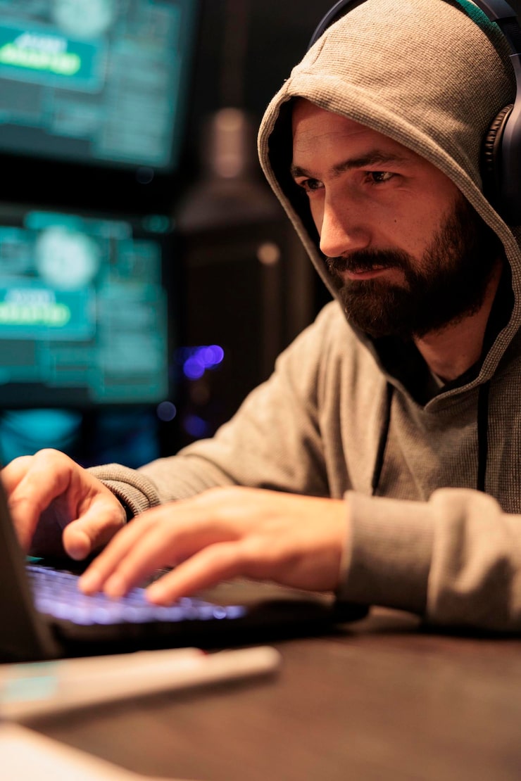 Photo hacking developer using computer to break system firewall, hacking security server. dangerous thief breaking database and stealing information, working late at night with multiple monitors.