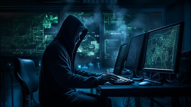 위험한 후드 해커가 정부 데이터에 침입하는 해킹 일러스트레이션