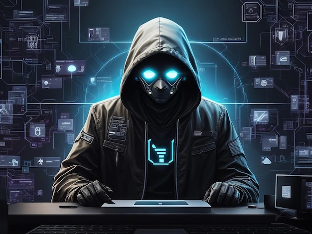 Photo hacking and malware concept faceless hacker using abstract laptop with binary code digital interface