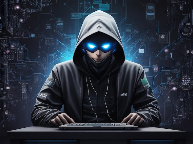 Hacking and malware concept Faceless hacker using abstract laptop with binary code digital interface