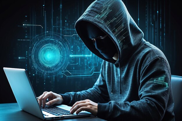 hacking and malware concept hacker using abstract laptop with binary code digital interface