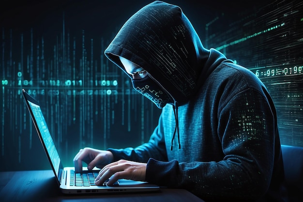 hacking and malware concept hacker using abstract laptop with binary code digital interface