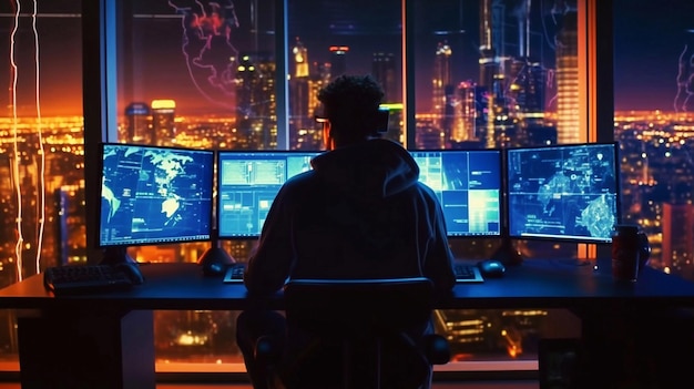 hacking and malware concept hacker using abstract laptop with binary code digital interface