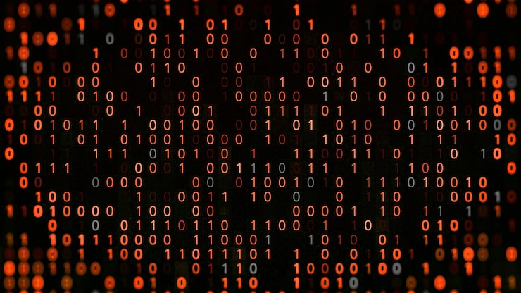 Photo hacking program with binary code animation detection of virus in computer system with binary code