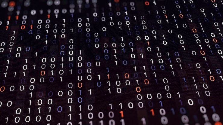 Photo hacking program with binary code animation detection of virus in computer system with binary code