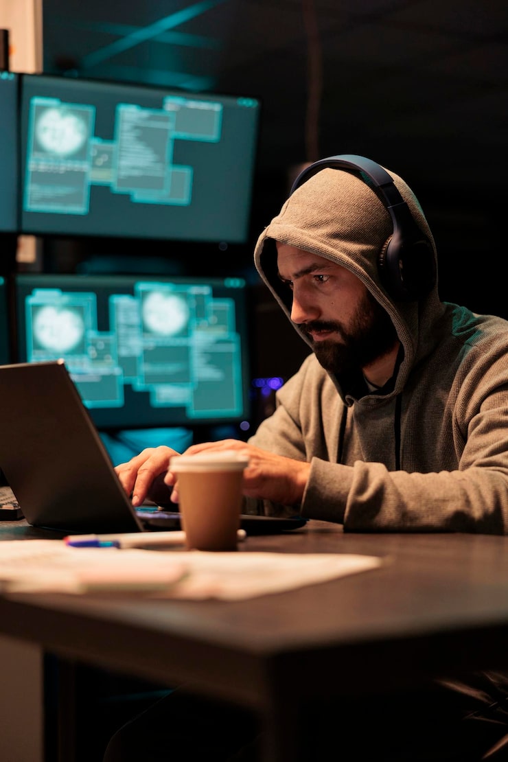 Photo hacking thief breaking through cyber security server and stealing big data on multiple monitors. hacker with hood using audio headset and causing computer and system malware with virus.